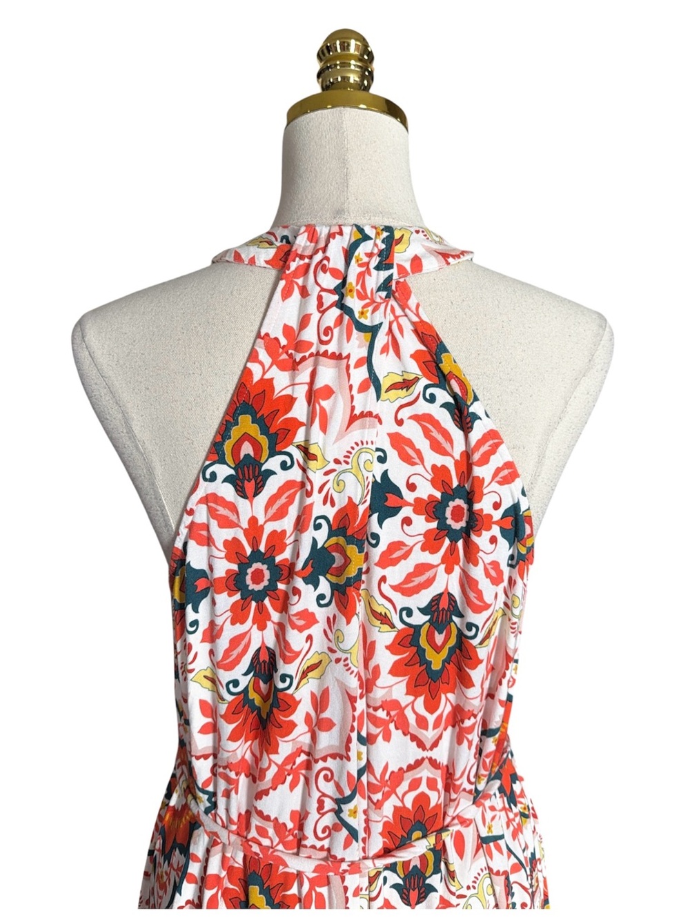 Boden Women Red Tile Print Halter Maxi Dress V-Neck Tie Waist Summer Resort 12R - Picture 8 of 13